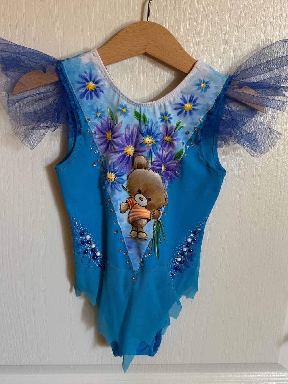 Hand made Blue Bear Tulle-Sleeve Kids Costume Leotard for Rhythmic Gymnastics